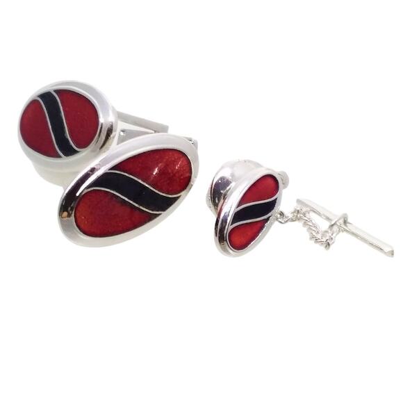 Black Red Silver Tone Cufflinks Oval Tie Tac Pin Sarah Coventry Enamel Vtg 70s - Picture 1 of 9